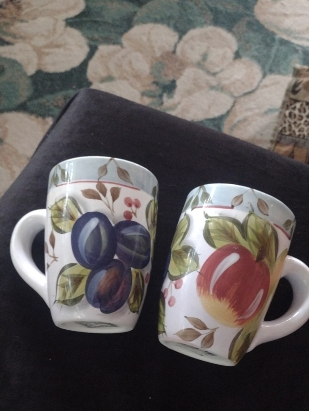 Hand-Painted Fruit Ceramic Coffee Mugs - Set of 2 (Blue Plum & Red Apple)